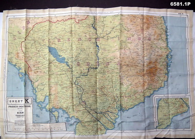 Double sided colour printed maps of Indo China on silk.