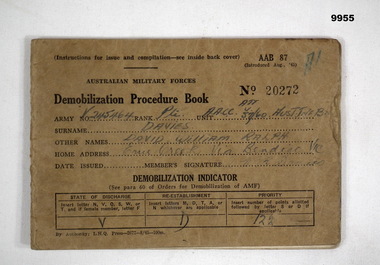 Demob book from WW2 David Davies.