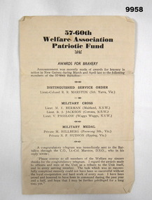 Newsletter to Public on 57/60 Battalion.