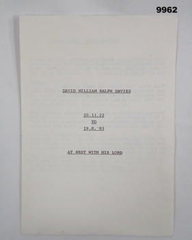 Order of Funeral Service, David Davies.