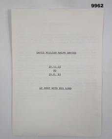 Order of Funeral Service, David Davies.