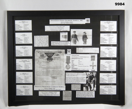 Framed montage of Sewell family information.