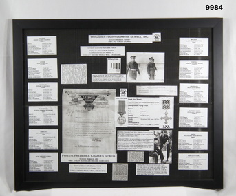 Framed montage of Sewell family information.