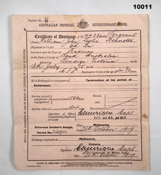Certificate of Discharge for WW1 soldier.