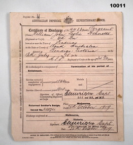 Certificate of Discharge for WW1 soldier.