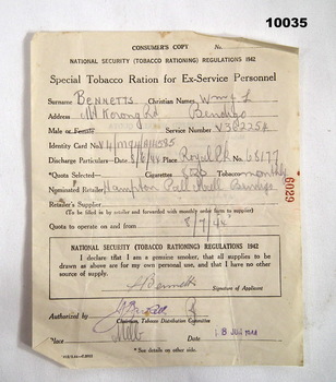 Application form for service personnels' tobacco ration.