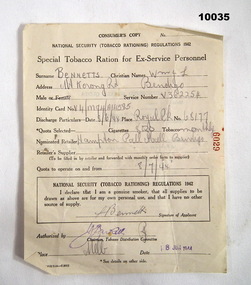 Application form for service personnels' tobacco ration.
