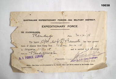 WW1 Leave pass for train travel.