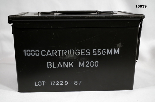 Steel ammo box for 5.56mm blanks.