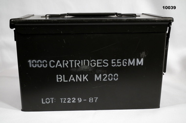 Steel ammo box for 5.56mm blanks.