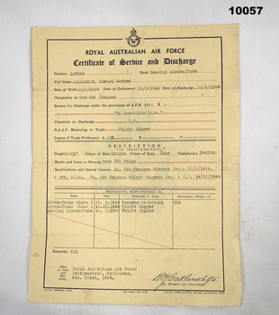 Certificate of Service ad Discharge for WW2, RAAF Personnel.