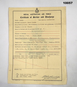 Certificate of Service ad Discharge for WW2, RAAF Personnel.