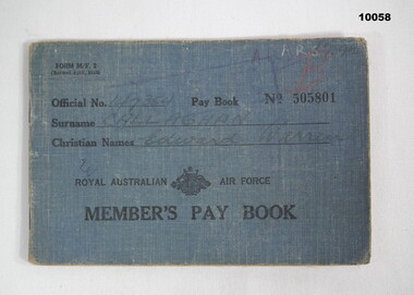 Blue coloured Buckram covered RAAF pay book.