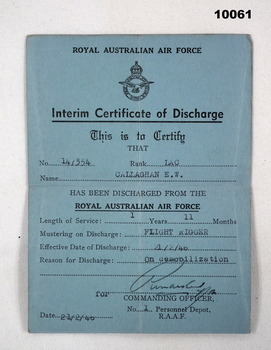 RAAF Interim Certificate of Discharge.
