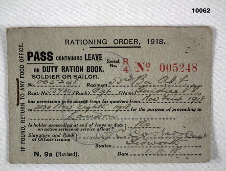 WW1 Rationing order containing leave pass.