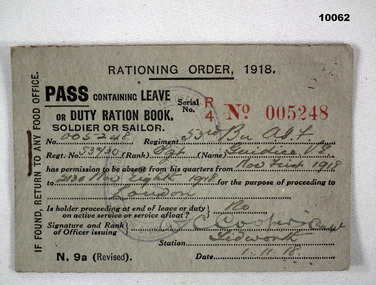 WW1 Rationing order containing leave pass.
