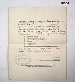 Training Certificate for Infantry Officers WW1.