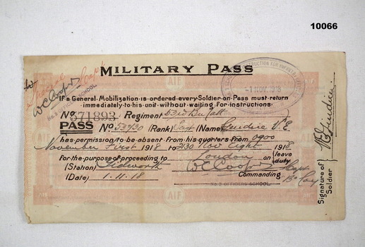 Military Pass for absence from Quarters.