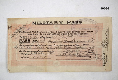 Military Pass for absence from Quarters.