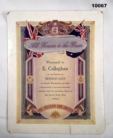 Colour Certificate issued for Service in WW2.