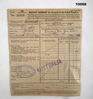 Railway warrant for travel in UK.
