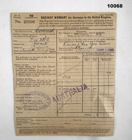 Railway warrant for travel in UK.