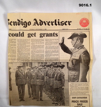 Front Page of Bendigo Advertiser Sep 1985