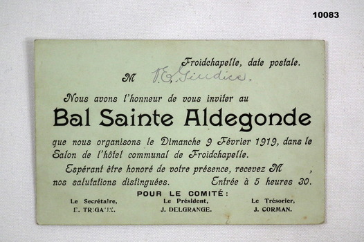Invitation to Sainte Aldegonde Ball WW1