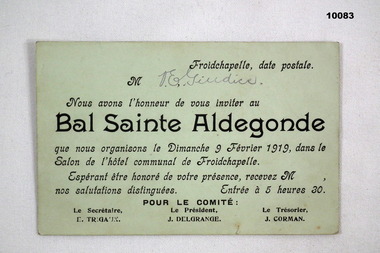 Invitation to Sainte Aldegonde Ball WW1