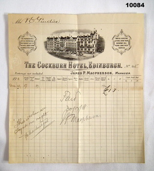Receipt for accommodation on leave WW1.