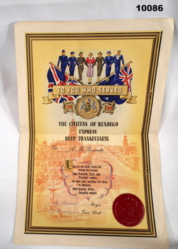 Certificate recognising WW2 Service.