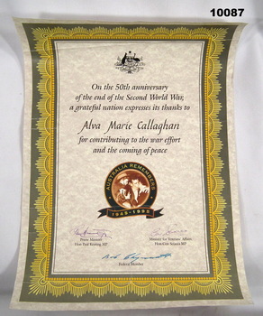 Fifty Year end of WW2 Certificate.