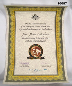 Fifty Year end of WW2 Certificate.