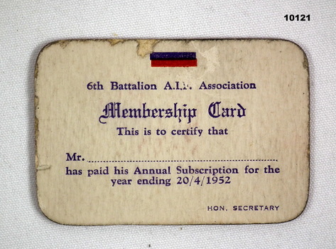 Membership Card, 6th Battalion AIF Association.