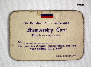 Membership Card, 6th Battalion AIF Association.
