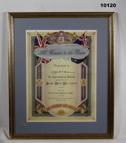 Framed Certificate from Citizens of California Gully.