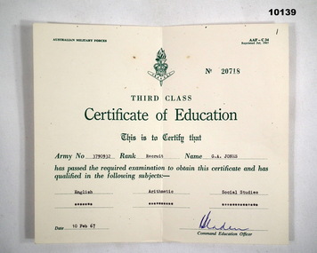 Certificate - ARMY EDUCATION CERTIFICATE, C.1967