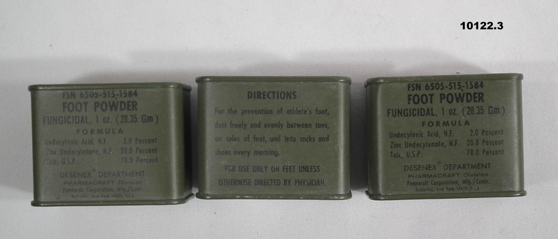 Three tins of anti-fungal foot powder.