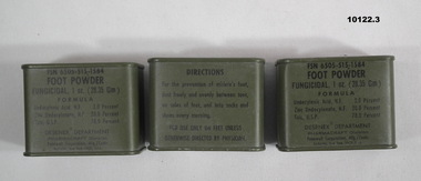 Three tins of anti-fungal foot powder.