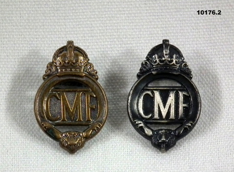 Two metal CMF Lapel badges with King's Crown..