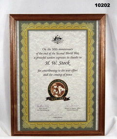 Framed Certificate 50th Anniversary WW2.