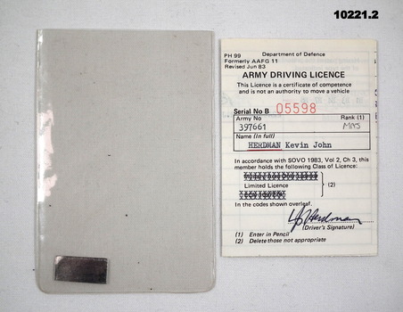 Army Driving Licence in protective pocket.