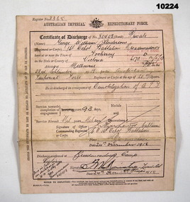 Certificate of Discharge WW1.