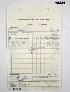 Note detailing clothing issued to K.J. Herdman.