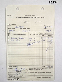 Note detailing clothing issued to K.J. Herdman.