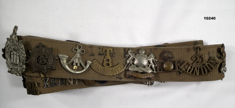 Khaki web belt with badge collection.