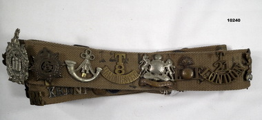 Khaki web belt with badge collection.