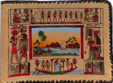 Souvenir photo album embossed with Egyptian characters, originally containing images of personnel from 462 Squadron RAAF in north Africa and Italy 