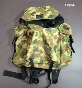 Army back pack in camouflage pattern.