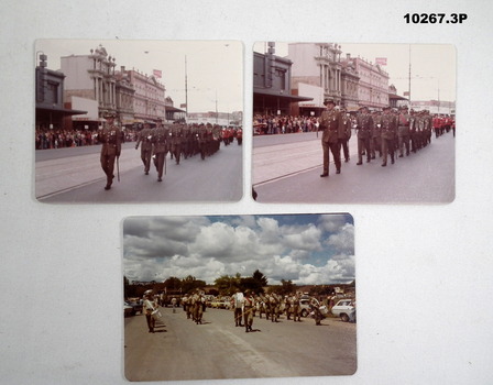 Photographs of Soldiers and an Army band marching in Bendigo Street.